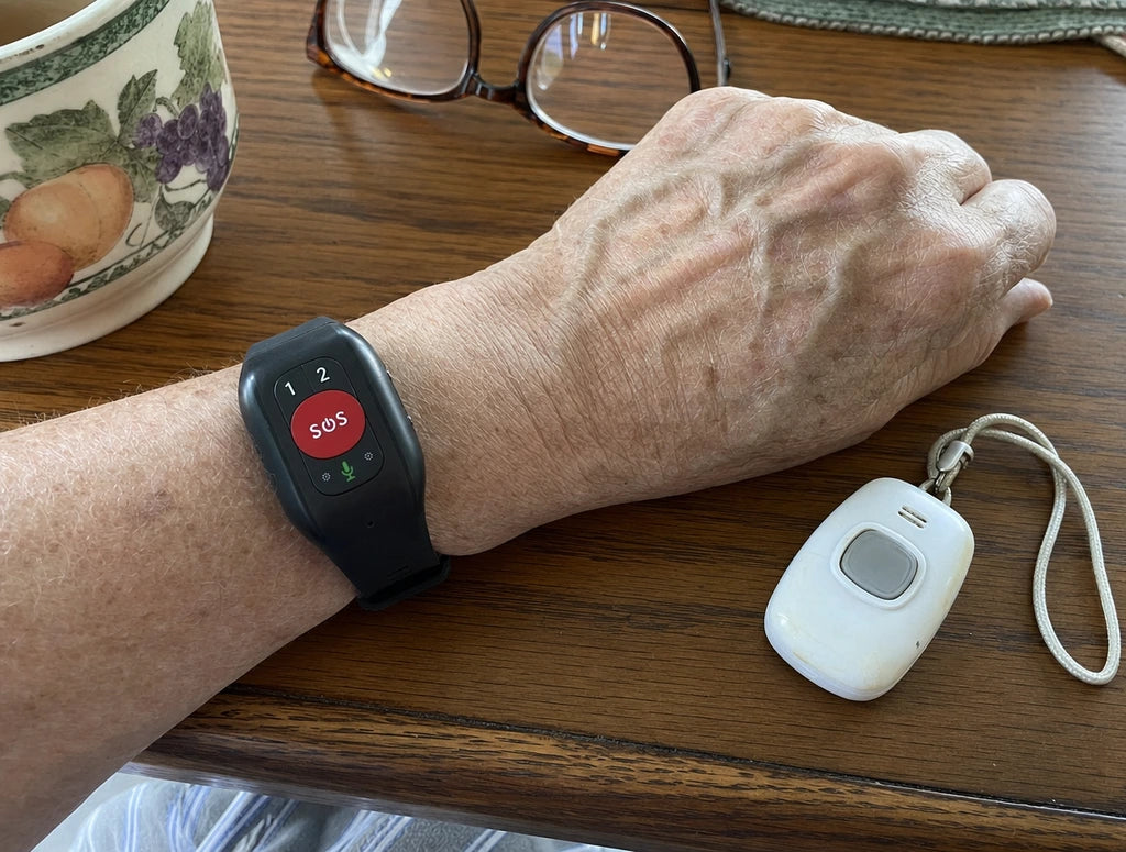 The Senlo Guardian wristband on a wrist next to a bulky old pendant alarm