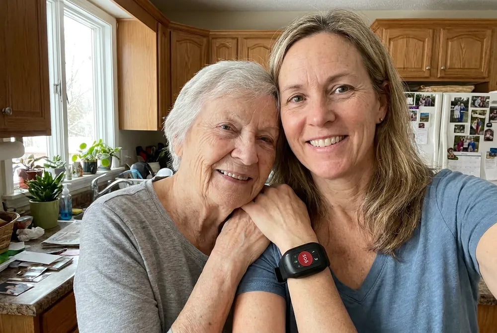 Hero: aging parent wearing the Senlo Guardian wristband, smiling — warm lifestyle shot (or product on wrist with adult child)