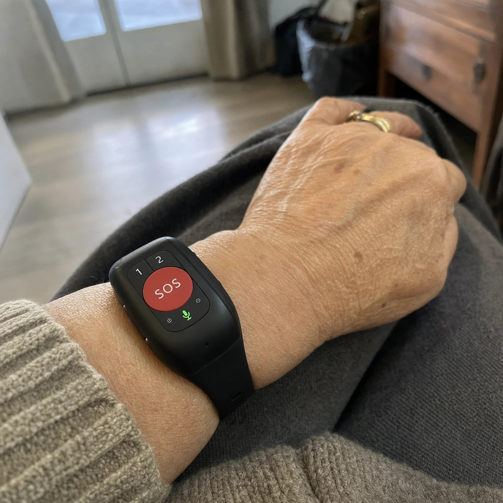 An older parent wearing the Senlo Guardian SOS and GPS wristband